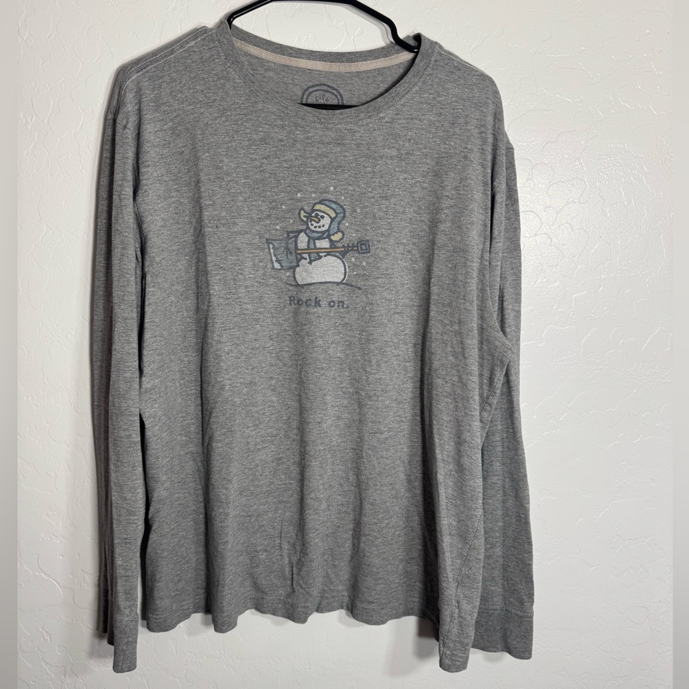 Life is Good Rock On Snowman Long Sleeve Gray Graphic Tee Shirt Size L